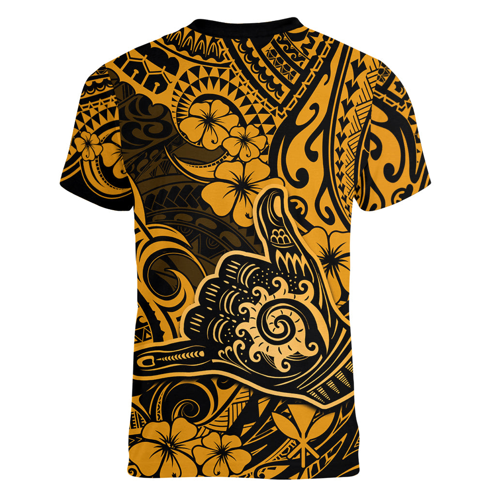 Hawaii Shaka Sign Women V Neck T Shirt With Polynesian Hibiscus Gold Unique - Wonder Print Shop