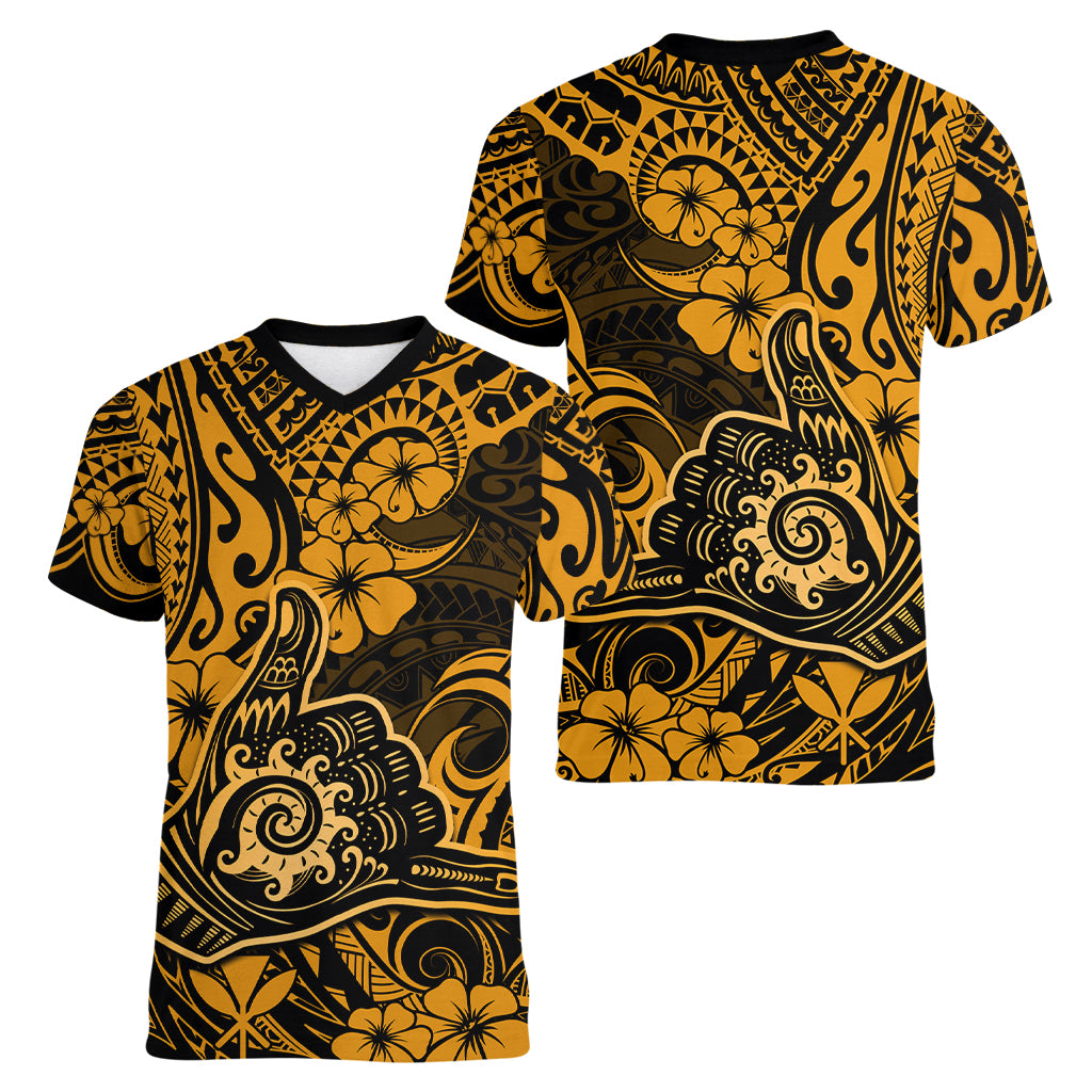 Hawaii Shaka Sign Women V Neck T Shirt With Polynesian Hibiscus Gold Unique - Wonder Print Shop