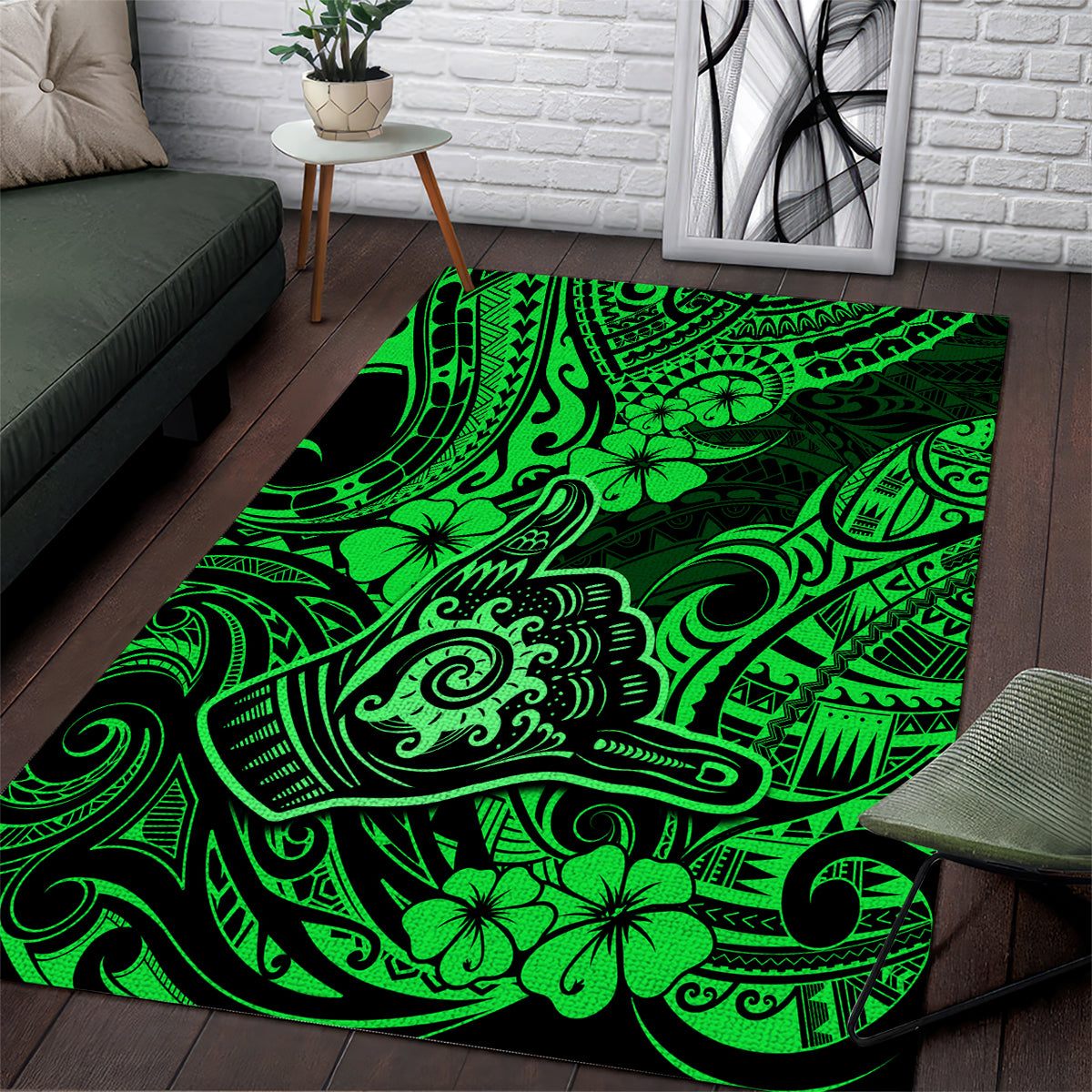 Hawaii Shaka Sign Area Rug With Polynesian Hibiscus Green Unique - Wonder Print Shop