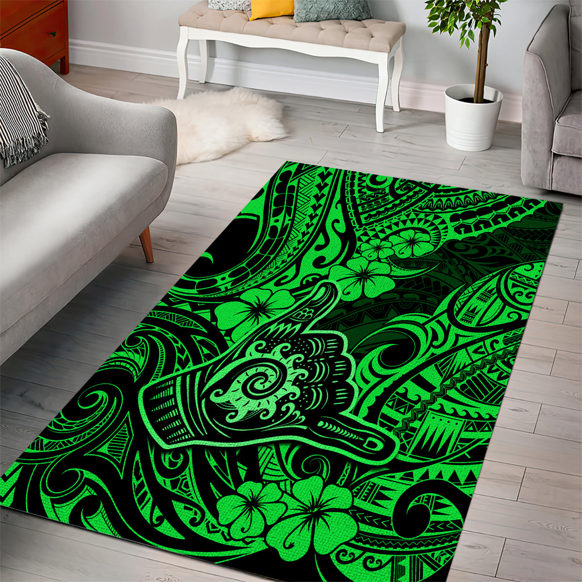 Hawaii Shaka Sign Area Rug With Polynesian Hibiscus Green Unique - Wonder Print Shop