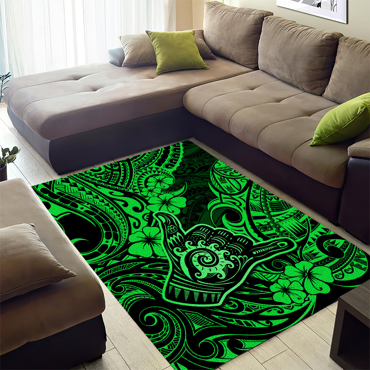 Hawaii Shaka Sign Area Rug With Polynesian Hibiscus Green Unique - Wonder Print Shop