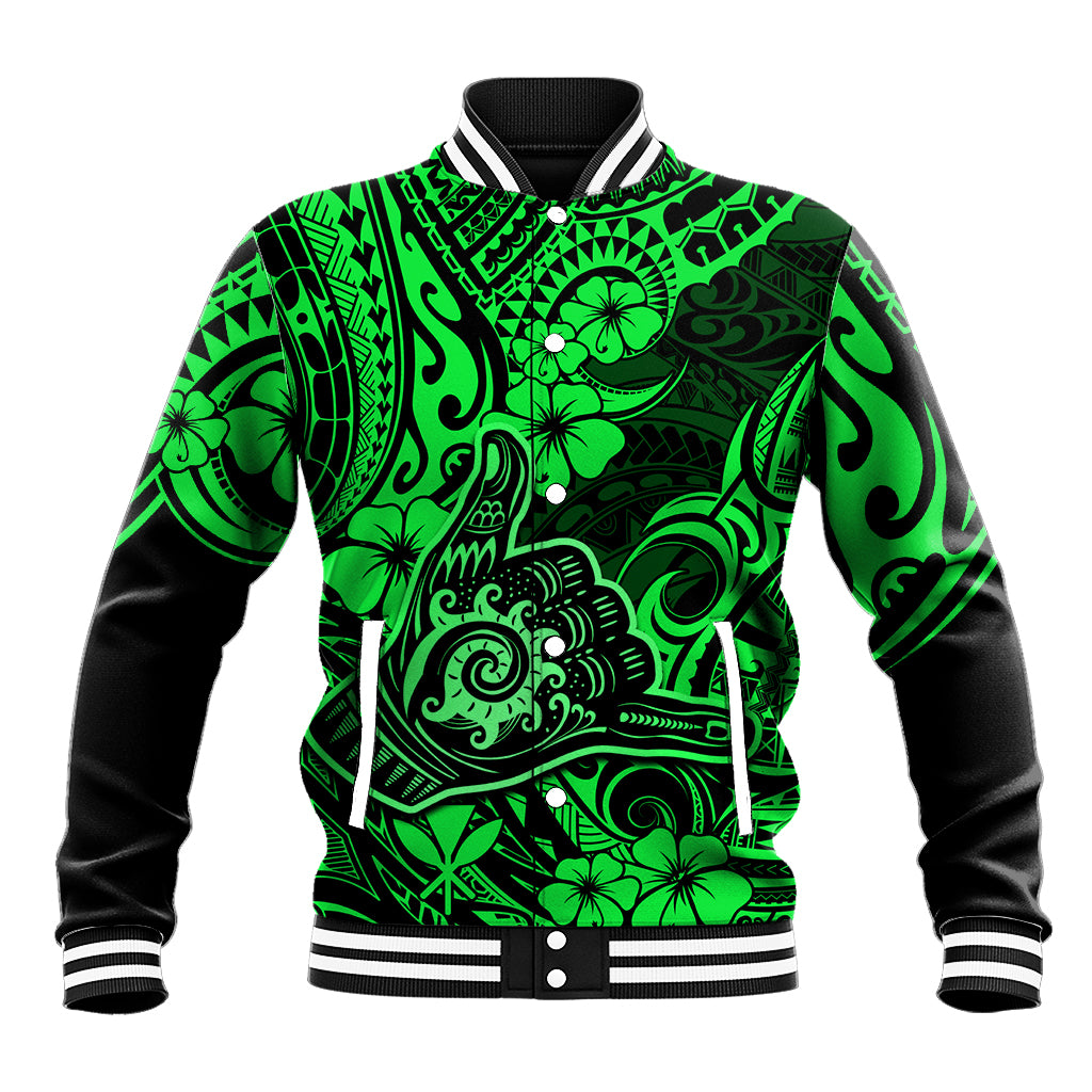 Hawaii Shaka Sign Baseball Jacket With Polynesian Hibiscus Green Unique - Wonder Print Shop