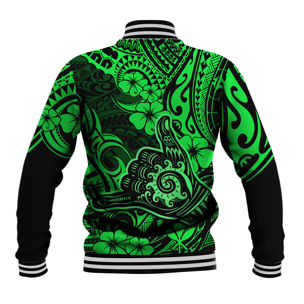 Hawaii Shaka Sign Baseball Jacket With Polynesian Hibiscus Green Unique - Wonder Print Shop
