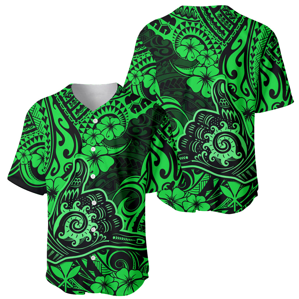 Hawaii Shaka Sign Baseball Jersey With Polynesian Hibiscus Green Unique - Wonder Print Shop