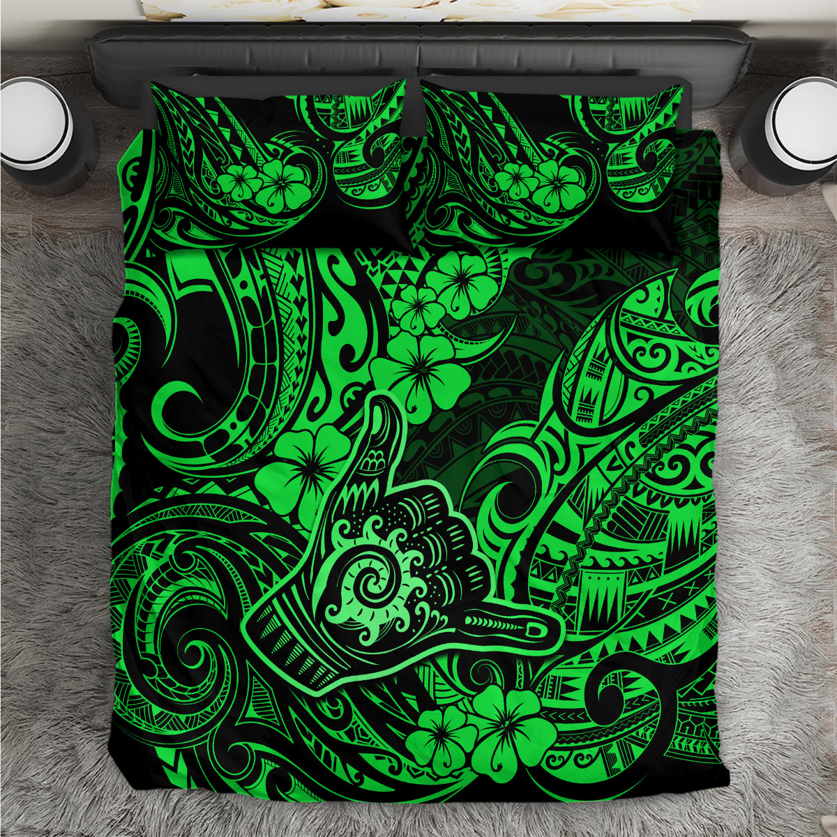 Hawaii Shaka Sign Bedding Set With Polynesian Hibiscus Green Unique - Wonder Print Shop