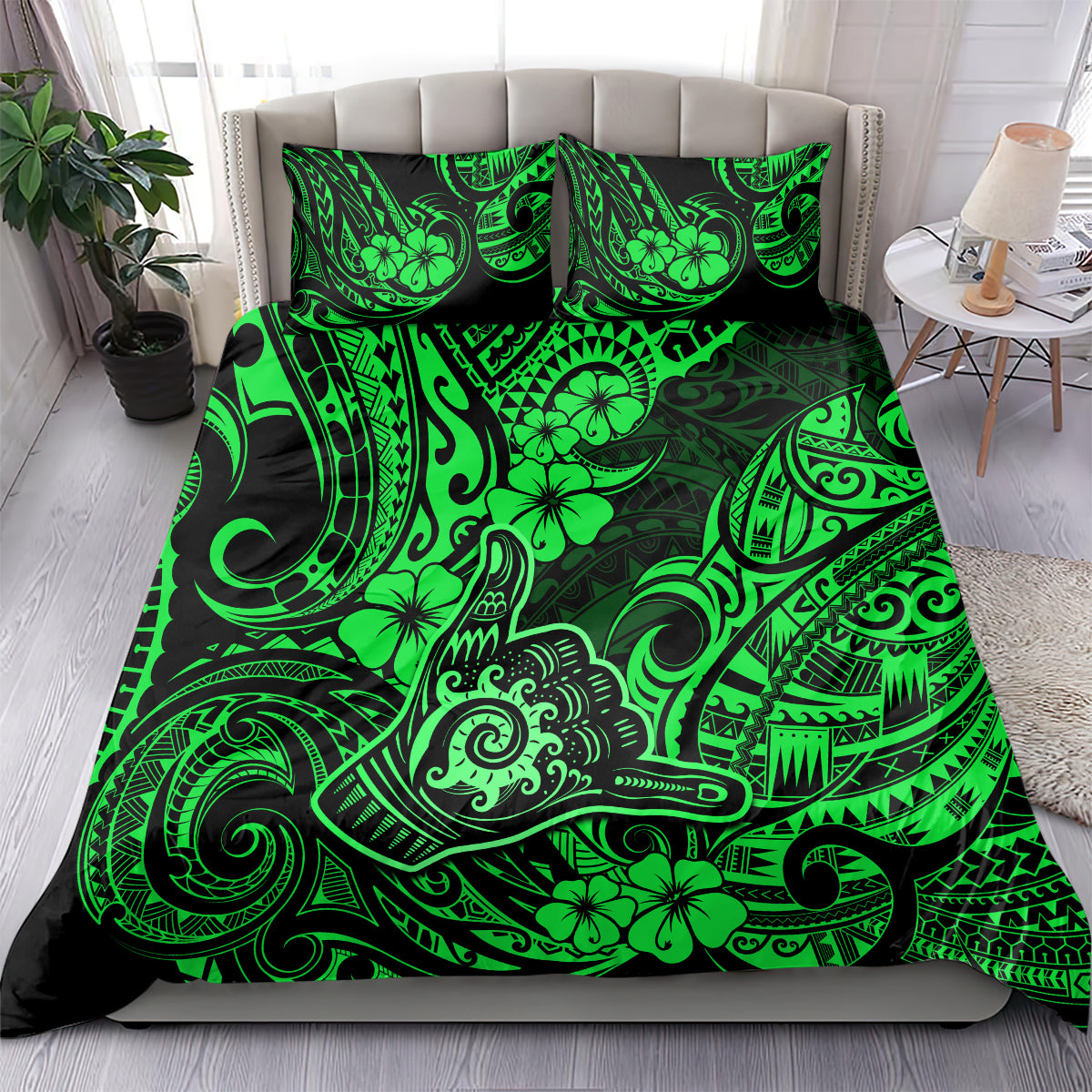 Hawaii Shaka Sign Bedding Set With Polynesian Hibiscus Green Unique - Wonder Print Shop