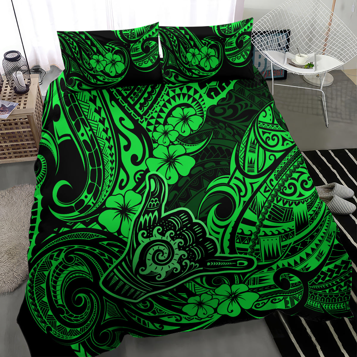 Hawaii Shaka Sign Bedding Set With Polynesian Hibiscus Green Unique - Wonder Print Shop