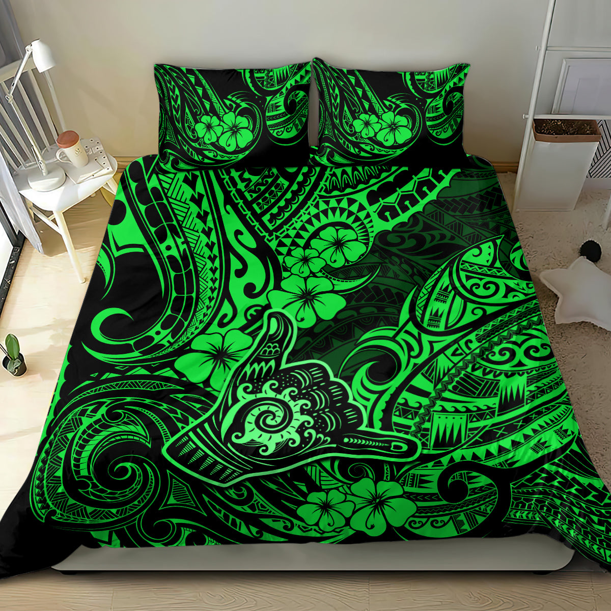 Hawaii Shaka Sign Bedding Set With Polynesian Hibiscus Green Unique - Wonder Print Shop