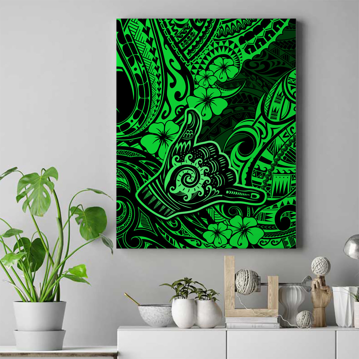 Hawaii Shaka Sign Canvas Wall Art With Polynesian Hibiscus Green Unique - Wonder Print Shop