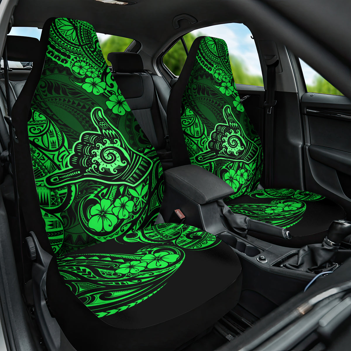 Hawaii Shaka Sign Car Seat Cover With Polynesian Hibiscus Green Unique - Wonder Print Shop