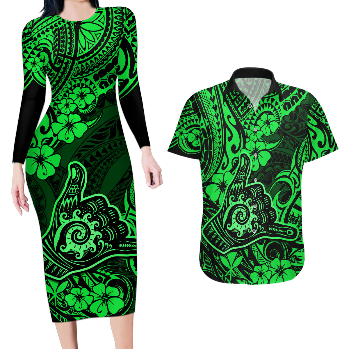 Hawaii Shaka Sign Couples Matching Long Sleeve Bodycon Dress and Hawaiian Shirt With Polynesian Hibiscus Green Unique - Wonder Print Shop