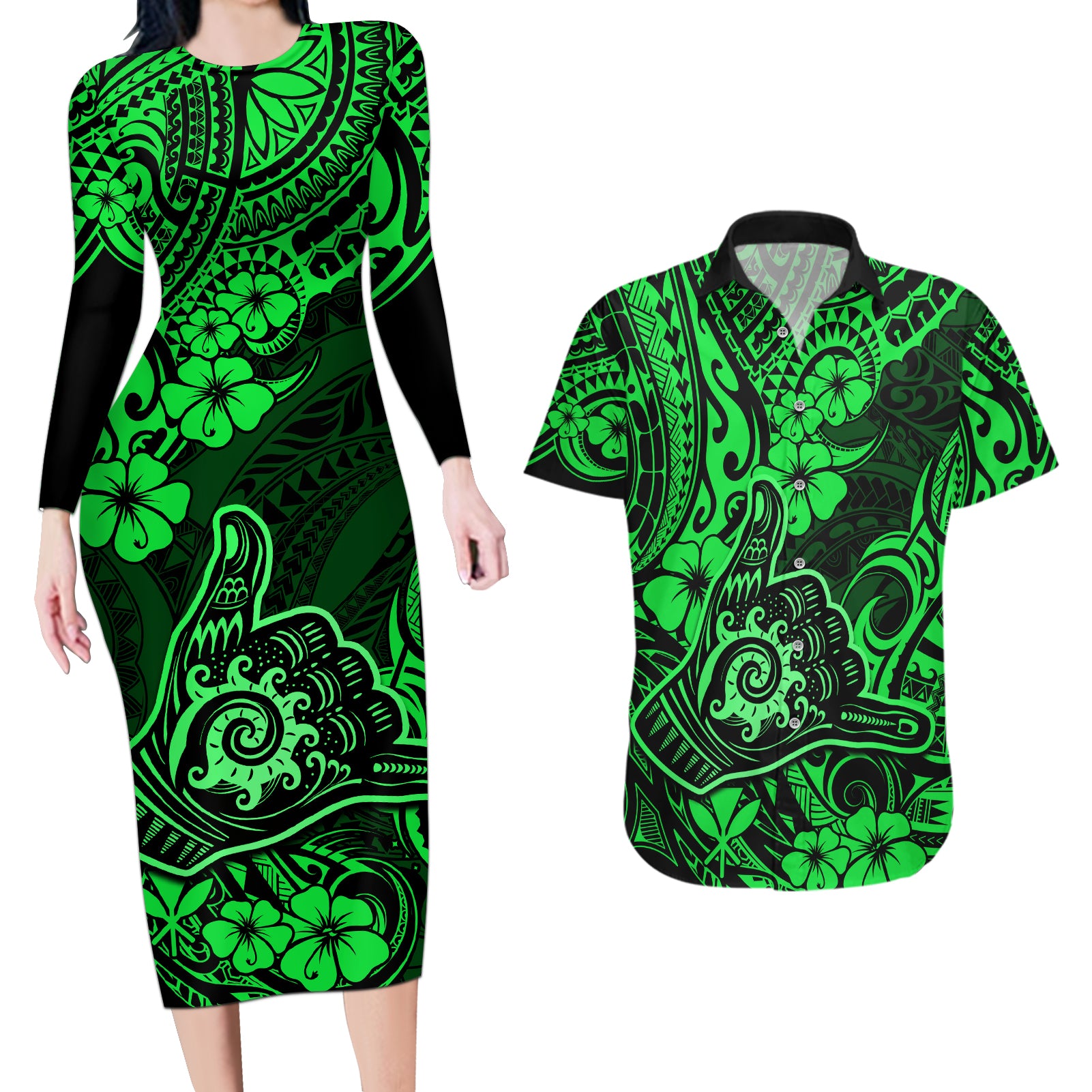 Hawaii Shaka Sign Couples Matching Long Sleeve Bodycon Dress and Hawaiian Shirt With Polynesian Hibiscus Green Unique - Wonder Print Shop