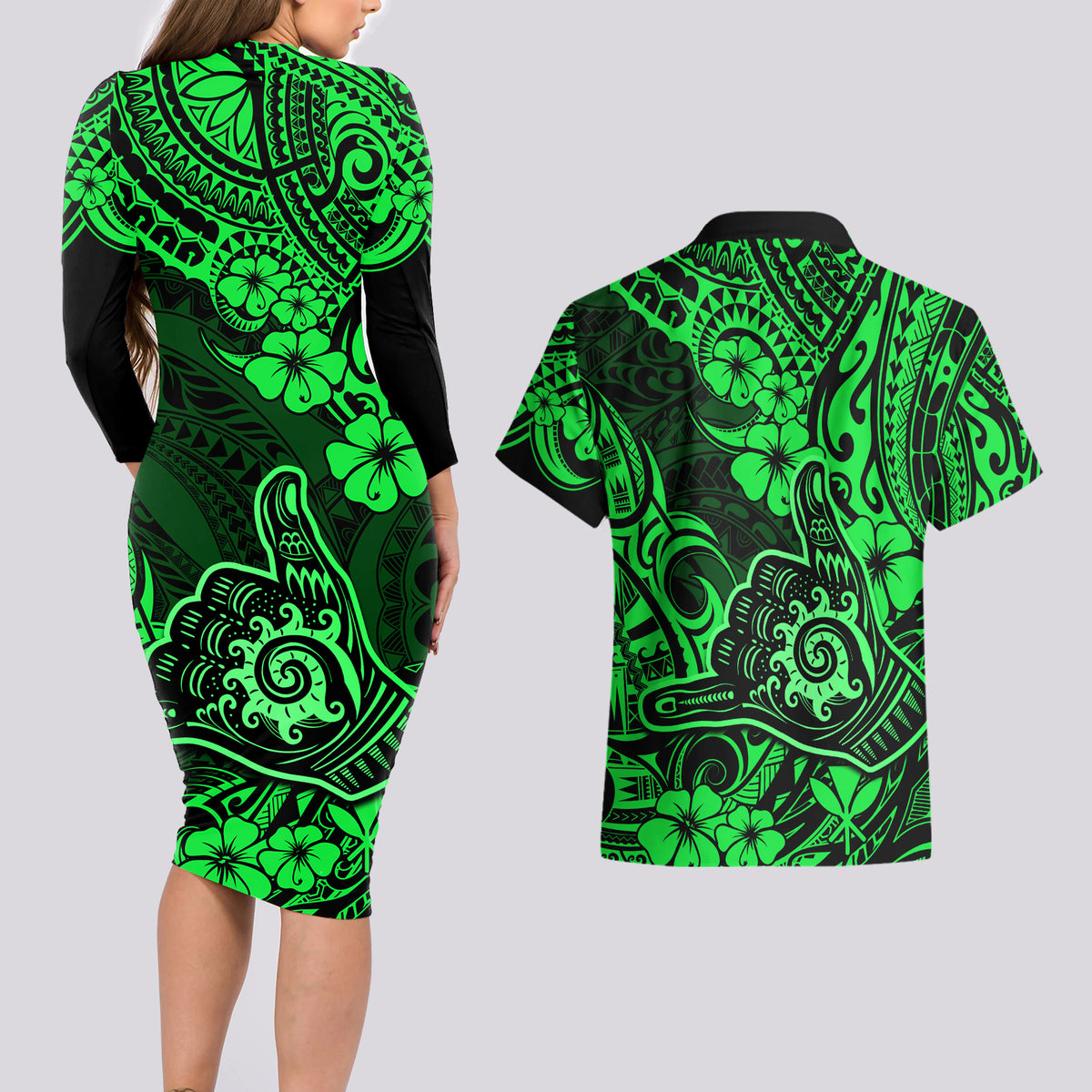 Hawaii Shaka Sign Couples Matching Long Sleeve Bodycon Dress and Hawaiian Shirt With Polynesian Hibiscus Green Unique - Wonder Print Shop