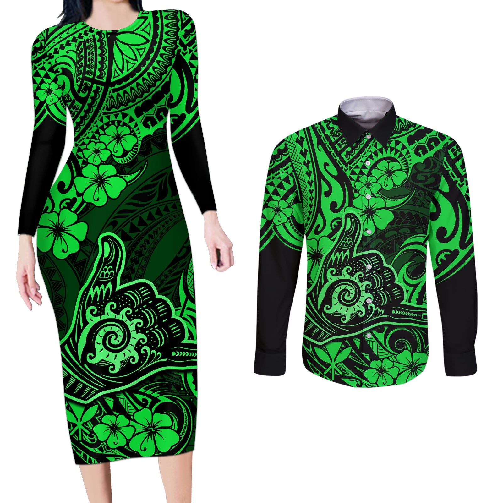 Hawaii Shaka Sign Couples Matching Long Sleeve Bodycon Dress and Long Sleeve Button Shirts With Polynesian Hibiscus Green Unique - Wonder Print Shop