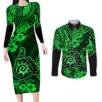 Hawaii Shaka Sign Couples Matching Long Sleeve Bodycon Dress and Long Sleeve Button Shirts With Polynesian Hibiscus Green Unique - Wonder Print Shop
