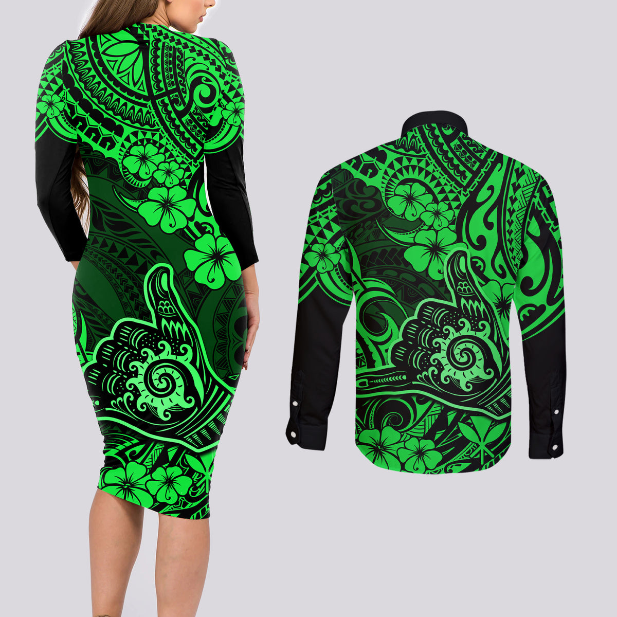 Hawaii Shaka Sign Couples Matching Long Sleeve Bodycon Dress and Long Sleeve Button Shirts With Polynesian Hibiscus Green Unique - Wonder Print Shop