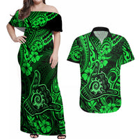 Hawaii Shaka Sign Couples Matching Off Shoulder Maxi Dress and Hawaiian Shirt With Polynesian Hibiscus Green Unique - Wonder Print Shop