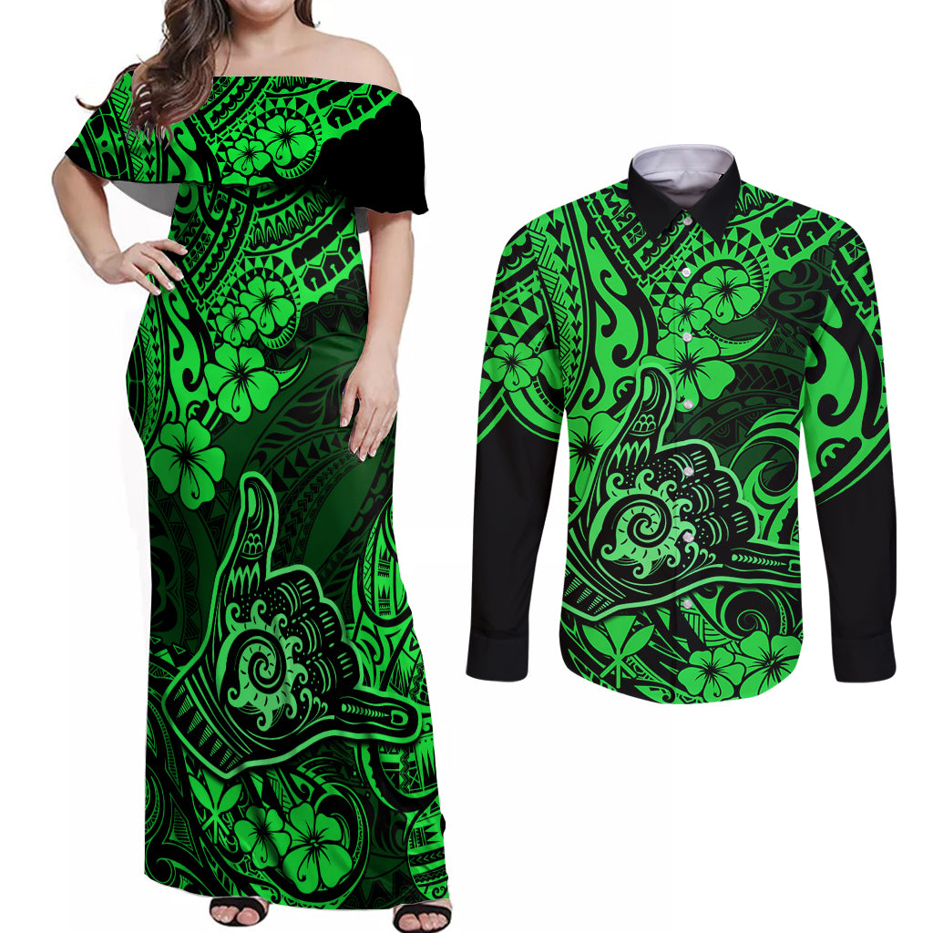 Hawaii Shaka Sign Couples Matching Off Shoulder Maxi Dress and Long Sleeve Button Shirts With Polynesian Hibiscus Green Unique - Wonder Print Shop