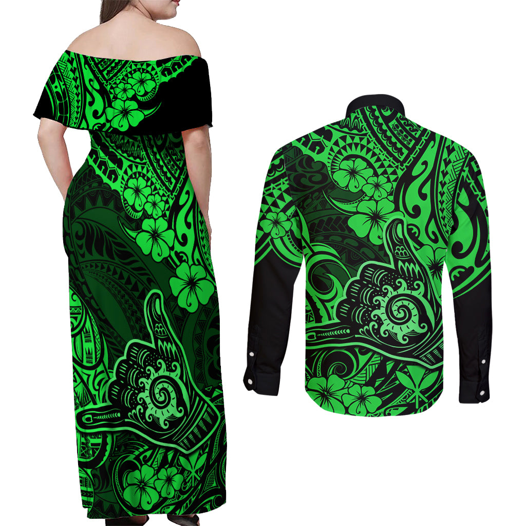 Hawaii Shaka Sign Couples Matching Off Shoulder Maxi Dress and Long Sleeve Button Shirts With Polynesian Hibiscus Green Unique - Wonder Print Shop