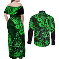 Hawaii Shaka Sign Couples Matching Off Shoulder Maxi Dress and Long Sleeve Button Shirts With Polynesian Hibiscus Green Unique - Wonder Print Shop