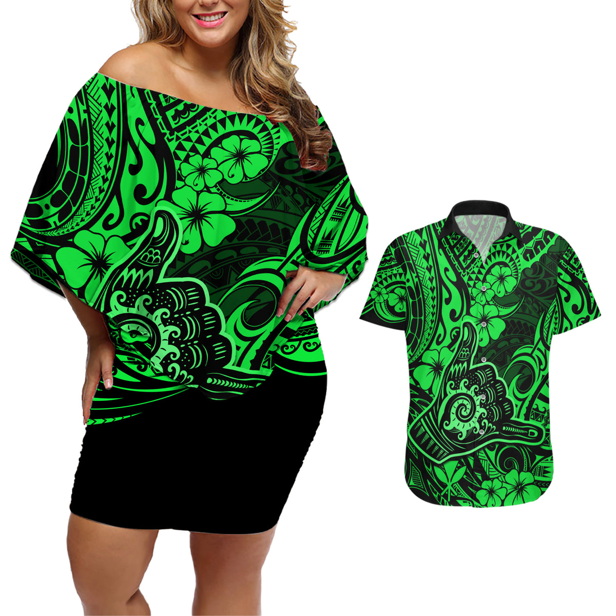 Hawaii Shaka Sign Couples Matching Off Shoulder Short Dress and Hawaiian Shirt With Polynesian Hibiscus Green Unique - Wonder Print Shop