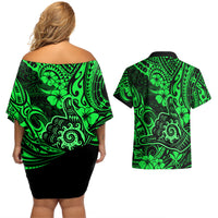 Hawaii Shaka Sign Couples Matching Off Shoulder Short Dress and Hawaiian Shirt With Polynesian Hibiscus Green Unique - Wonder Print Shop