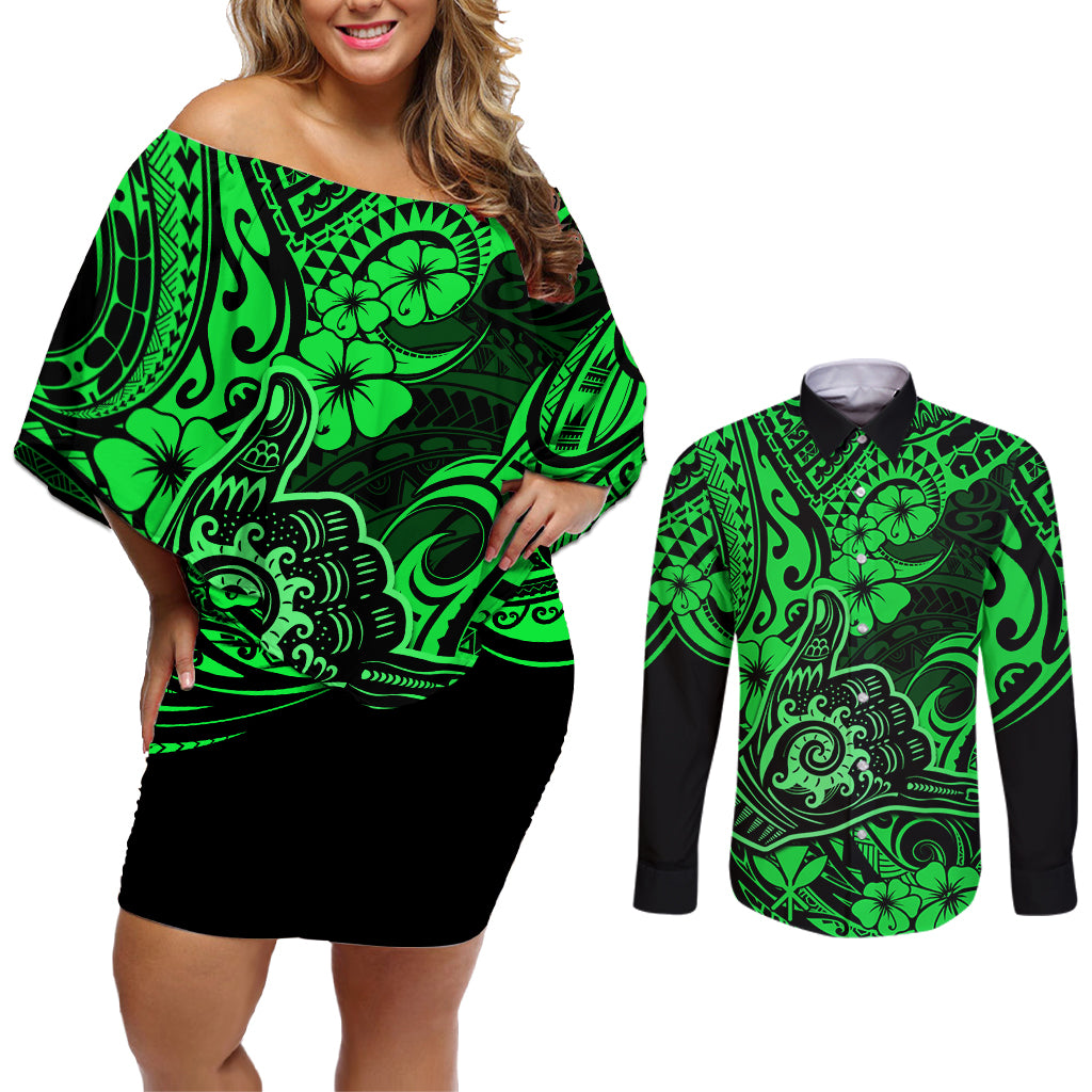 Hawaii Shaka Sign Couples Matching Off Shoulder Short Dress and Long Sleeve Button Shirts With Polynesian Hibiscus Green Unique - Wonder Print Shop