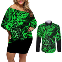 Hawaii Shaka Sign Couples Matching Off Shoulder Short Dress and Long Sleeve Button Shirts With Polynesian Hibiscus Green Unique - Wonder Print Shop