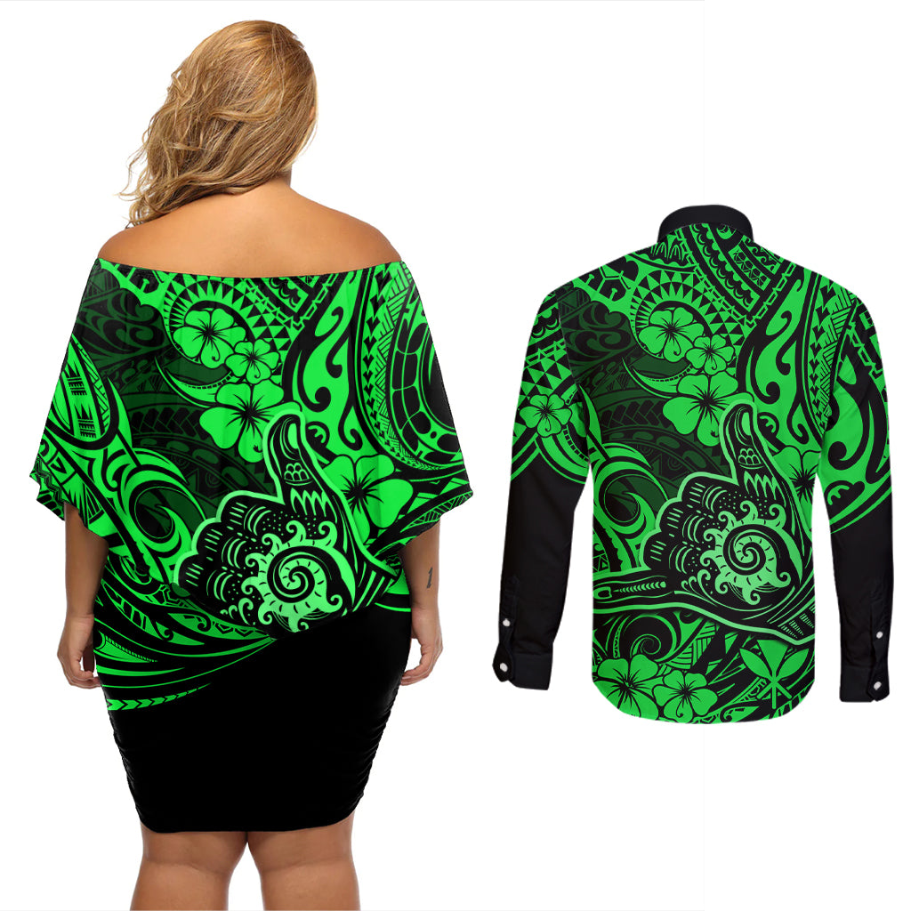 Hawaii Shaka Sign Couples Matching Off Shoulder Short Dress and Long Sleeve Button Shirts With Polynesian Hibiscus Green Unique - Wonder Print Shop
