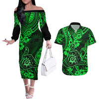 Hawaii Shaka Sign Couples Matching Off The Shoulder Long Sleeve Dress and Hawaiian Shirt With Polynesian Hibiscus Green Unique - Wonder Print Shop