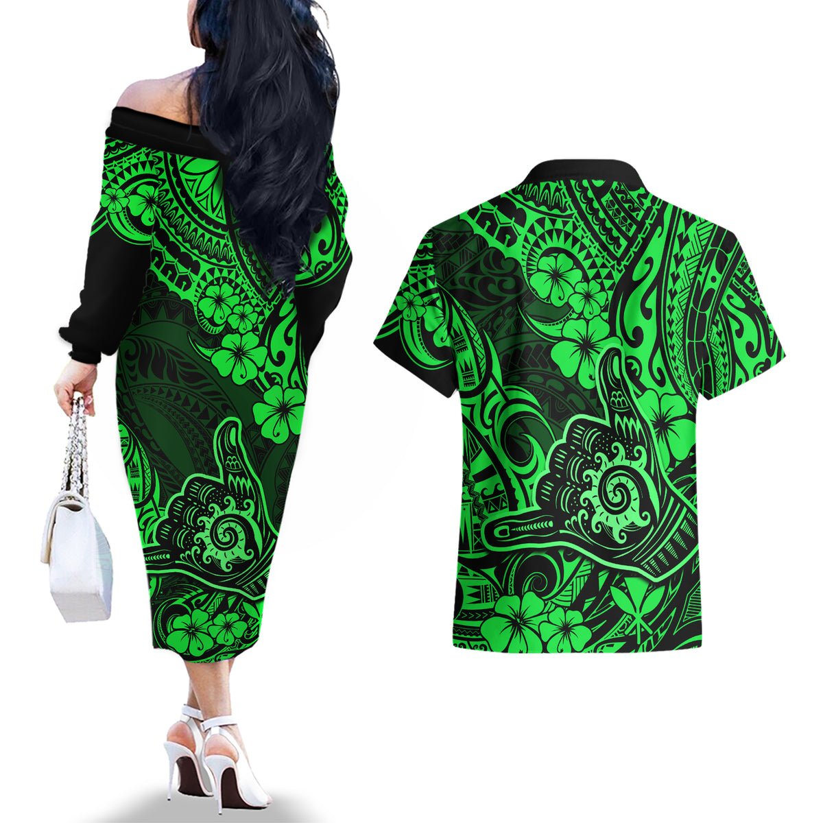 Hawaii Shaka Sign Couples Matching Off The Shoulder Long Sleeve Dress and Hawaiian Shirt With Polynesian Hibiscus Green Unique - Wonder Print Shop
