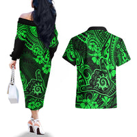 Hawaii Shaka Sign Couples Matching Off The Shoulder Long Sleeve Dress and Hawaiian Shirt With Polynesian Hibiscus Green Unique - Wonder Print Shop