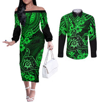 hawaii-shaka-sign-couples-matching-off-the-shoulder-long-sleeve-dress-and-long-sleeve-button-shirts-with-polynesian-hibiscus-green-unique