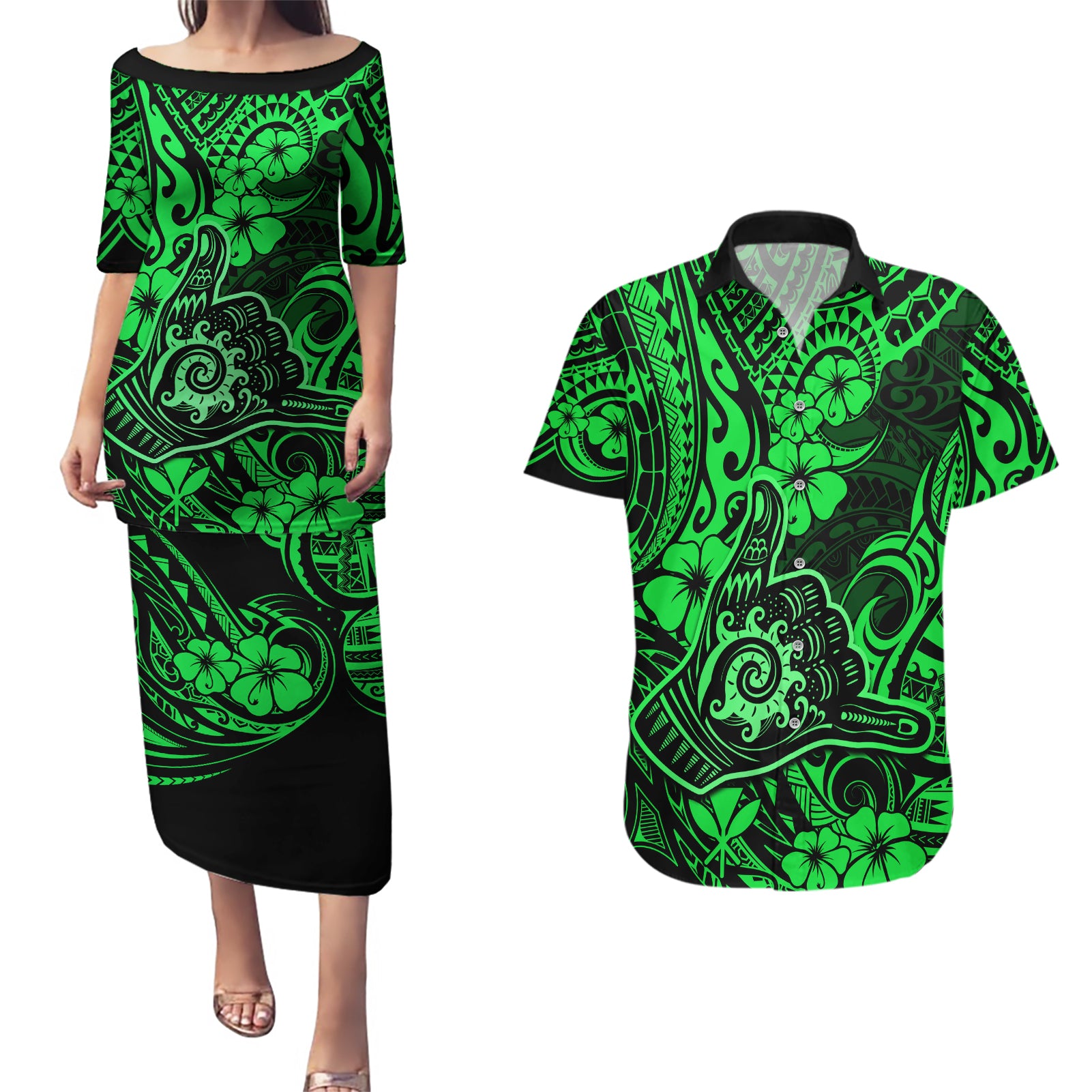 Hawaii Shaka Sign Couples Matching Puletasi Dress and Hawaiian Shirt With Polynesian Hibiscus Green Unique - Wonder Print Shop
