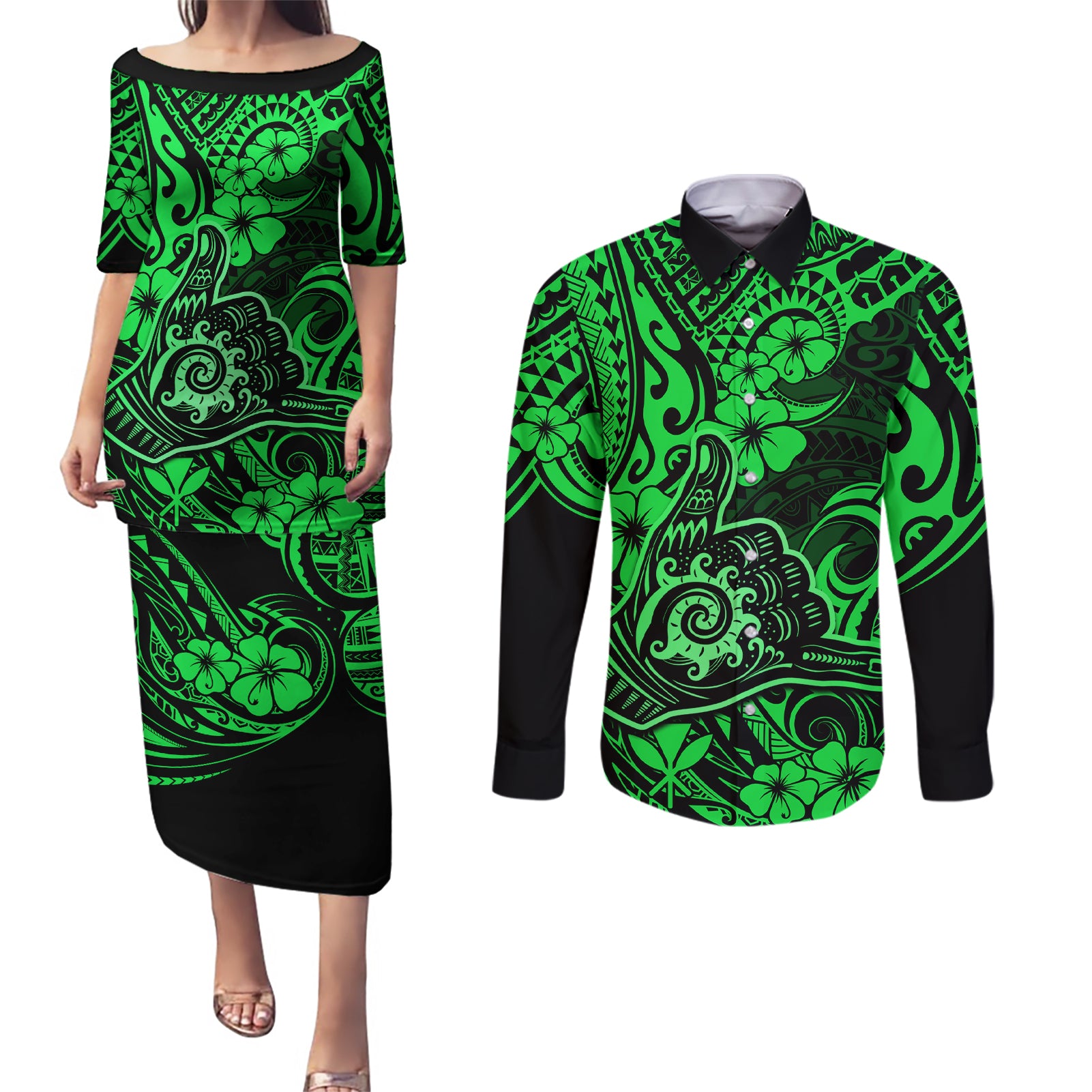 Hawaii Shaka Sign Couples Matching Puletasi Dress and Long Sleeve Button Shirts With Polynesian Hibiscus Green Unique - Wonder Print Shop