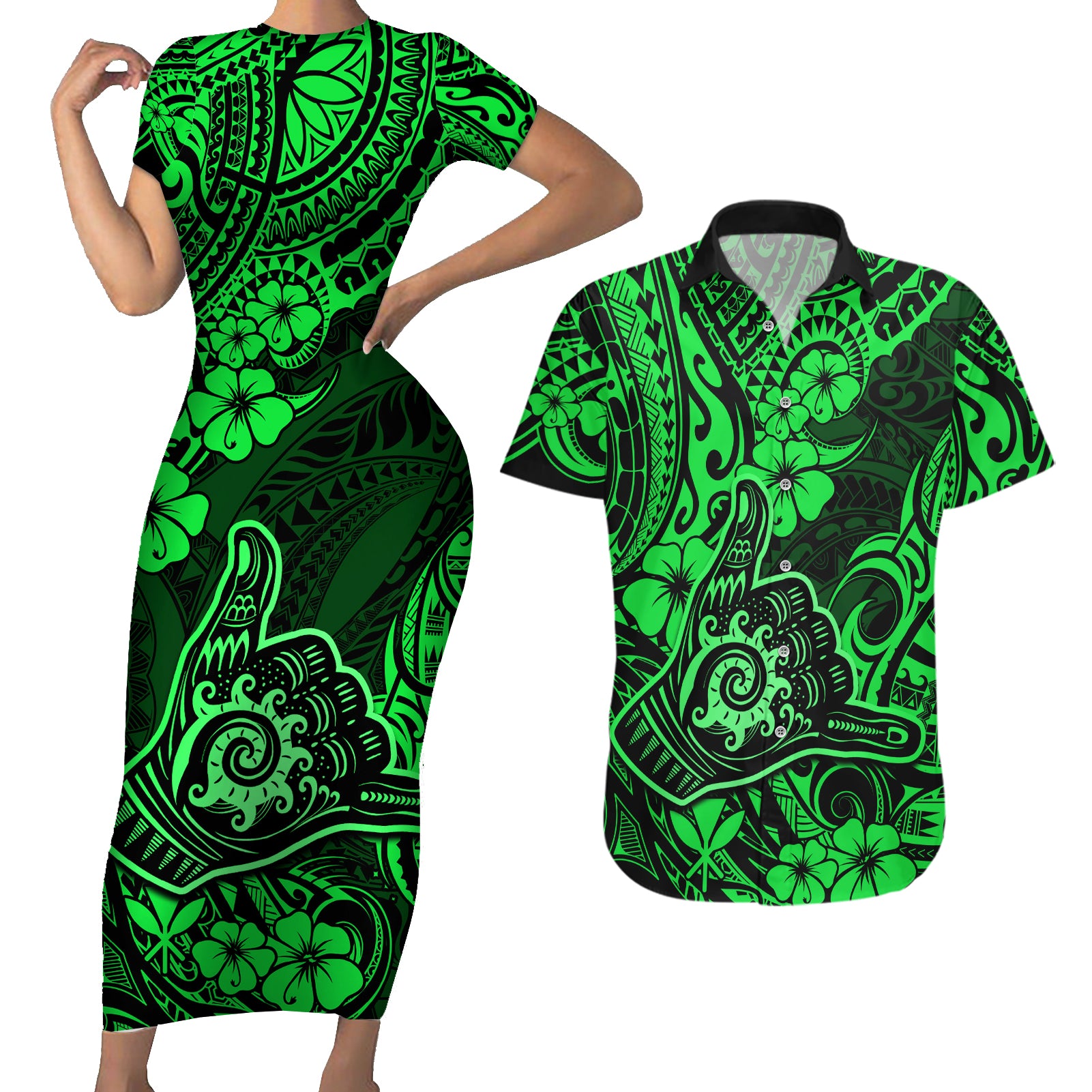 Hawaii Shaka Sign Couples Matching Short Sleeve Bodycon Dress and Hawaiian Shirt With Polynesian Hibiscus Green Unique - Wonder Print Shop
