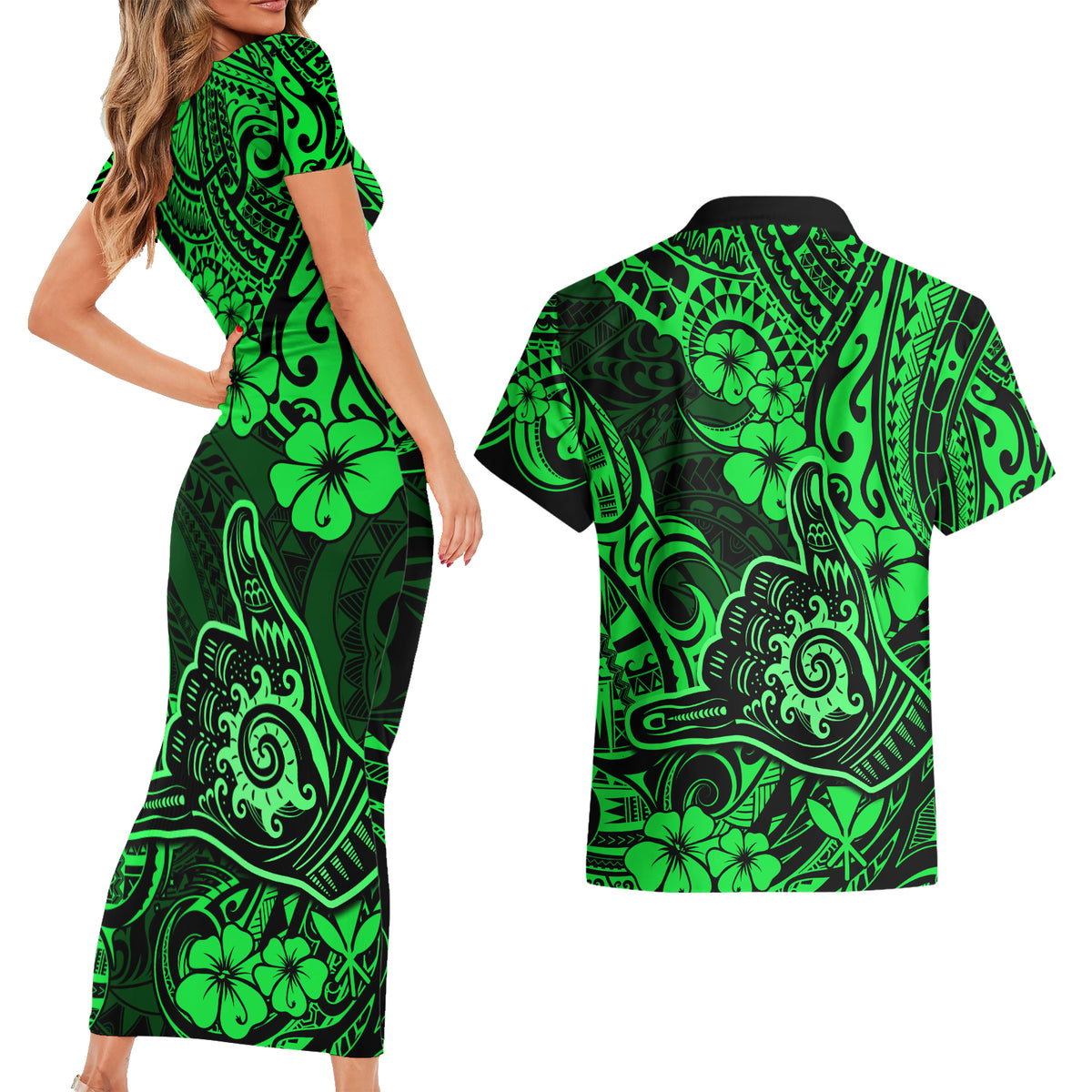 Hawaii Shaka Sign Couples Matching Short Sleeve Bodycon Dress and Hawaiian Shirt With Polynesian Hibiscus Green Unique - Wonder Print Shop