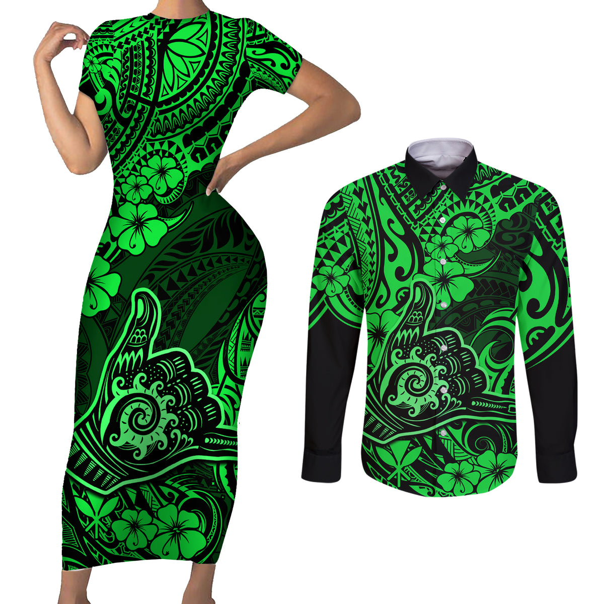 Hawaii Shaka Sign Couples Matching Short Sleeve Bodycon Dress and Long Sleeve Button Shirts With Polynesian Hibiscus Green Unique - Wonder Print Shop
