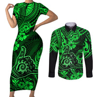 Hawaii Shaka Sign Couples Matching Short Sleeve Bodycon Dress and Long Sleeve Button Shirts With Polynesian Hibiscus Green Unique - Wonder Print Shop