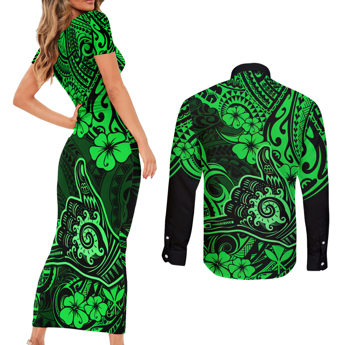 Hawaii Shaka Sign Couples Matching Short Sleeve Bodycon Dress and Long Sleeve Button Shirts With Polynesian Hibiscus Green Unique - Wonder Print Shop