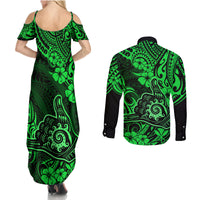 Hawaii Shaka Sign Couples Matching Summer Maxi Dress and Long Sleeve Button Shirts With Polynesian Hibiscus Green Unique - Wonder Print Shop