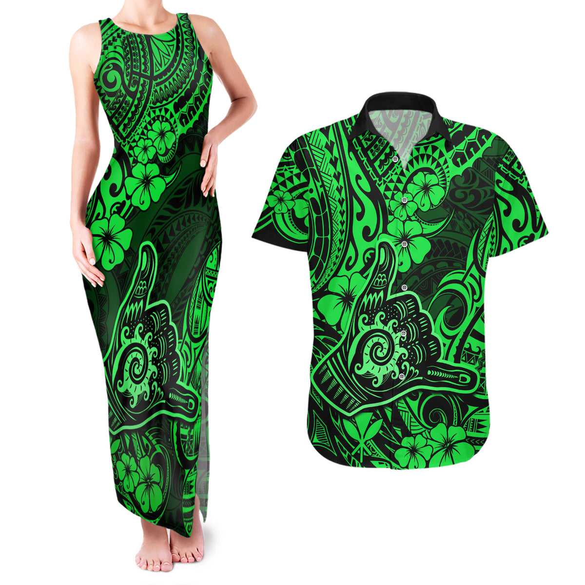 Hawaii Shaka Sign Couples Matching Tank Maxi Dress and Hawaiian Shirt With Polynesian Hibiscus Green Unique - Wonder Print Shop