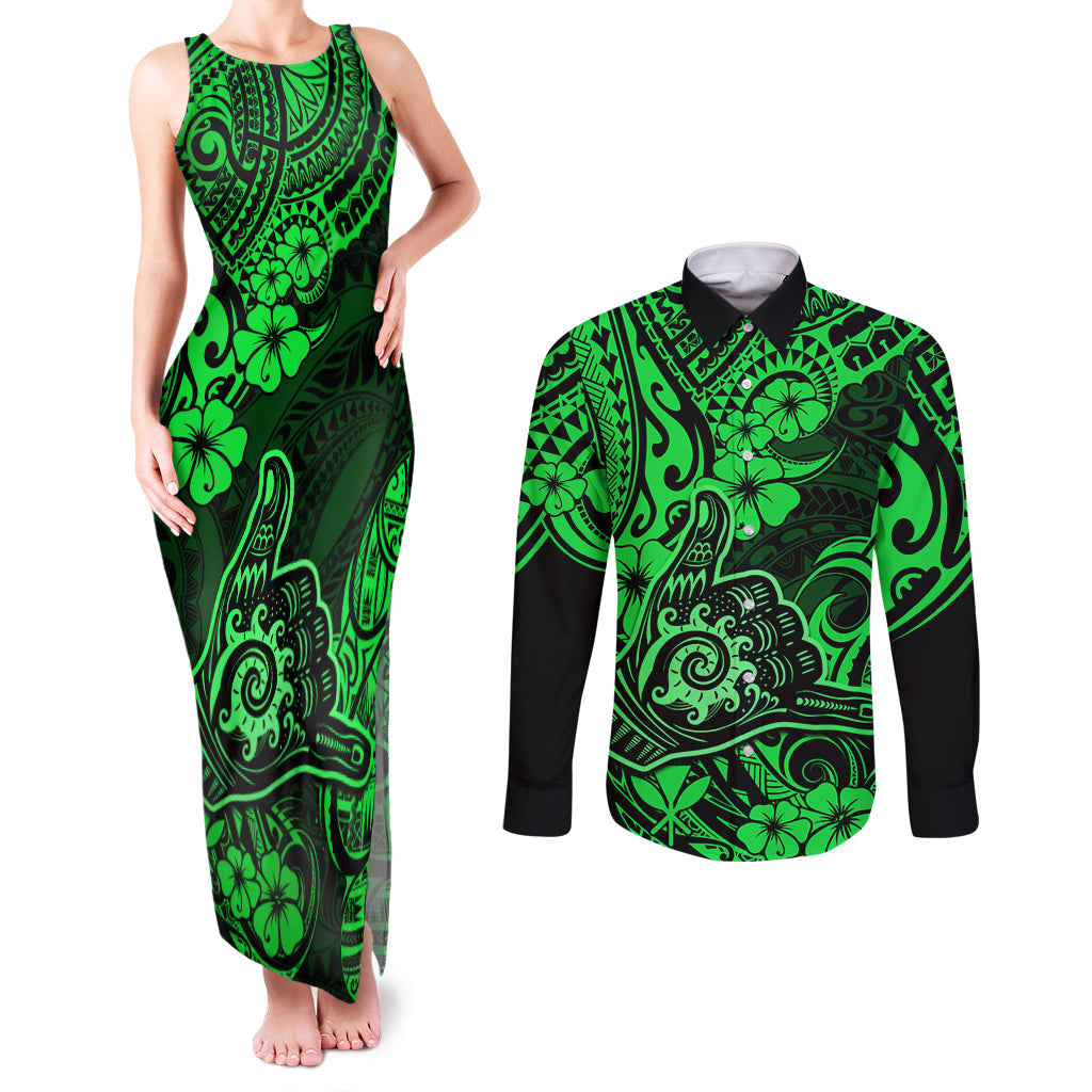 Hawaii Shaka Sign Couples Matching Tank Maxi Dress and Long Sleeve Button Shirts With Polynesian Hibiscus Green Unique - Wonder Print Shop