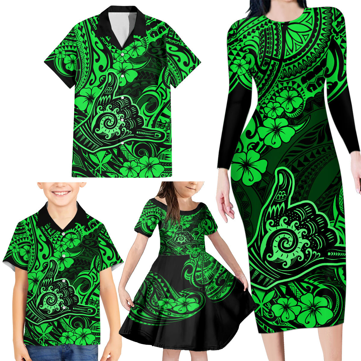 Hawaii Shaka Sign Family Matching Long Sleeve Bodycon Dress and Hawaiian Shirt With Polynesian Hibiscus Green Unique - Wonder Print Shop