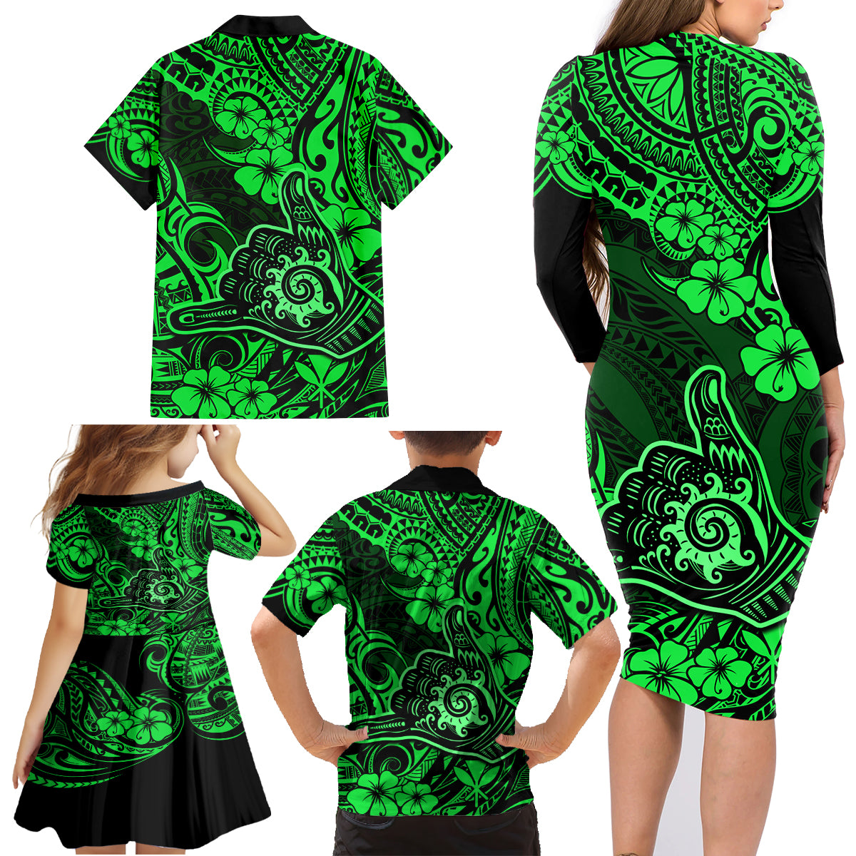 Hawaii Shaka Sign Family Matching Long Sleeve Bodycon Dress and Hawaiian Shirt With Polynesian Hibiscus Green Unique - Wonder Print Shop