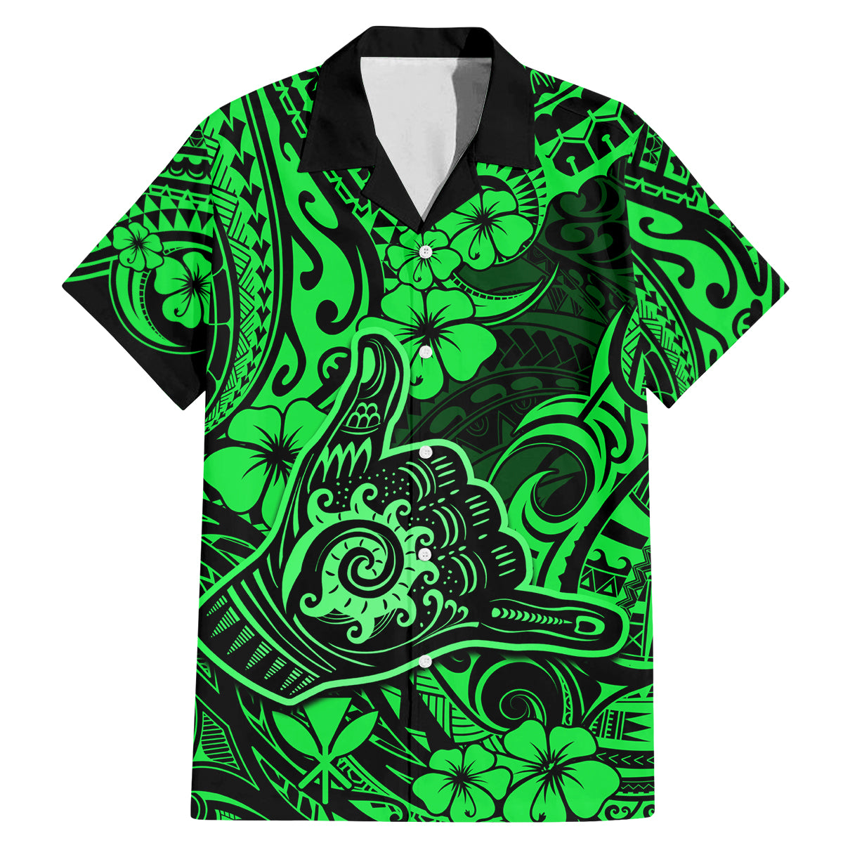 Hawaii Shaka Sign Family Matching Mermaid Dress and Hawaiian Shirt With Polynesian Hibiscus Green Unique - Wonder Print Shop