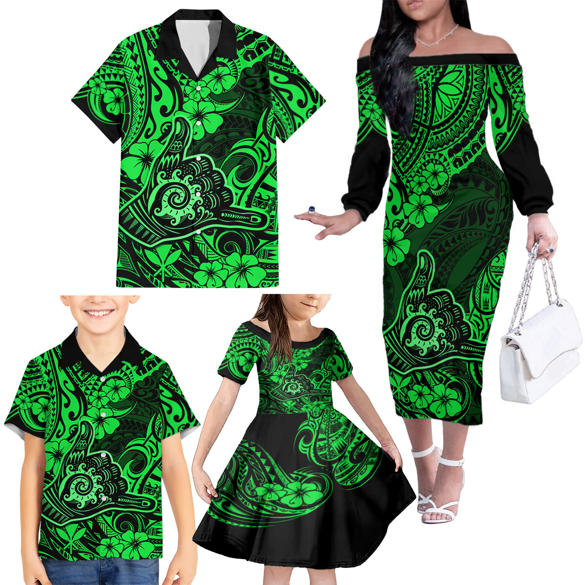 Hawaii Shaka Sign Family Matching Off Shoulder Long Sleeve Dress and Hawaiian Shirt With Polynesian Hibiscus Green Unique - Wonder Print Shop