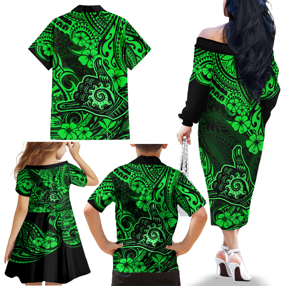 Hawaii Shaka Sign Family Matching Off Shoulder Long Sleeve Dress and Hawaiian Shirt With Polynesian Hibiscus Green Unique - Wonder Print Shop