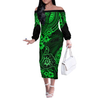 Hawaii Shaka Sign Family Matching Off Shoulder Long Sleeve Dress and Hawaiian Shirt With Polynesian Hibiscus Green Unique - Wonder Print Shop