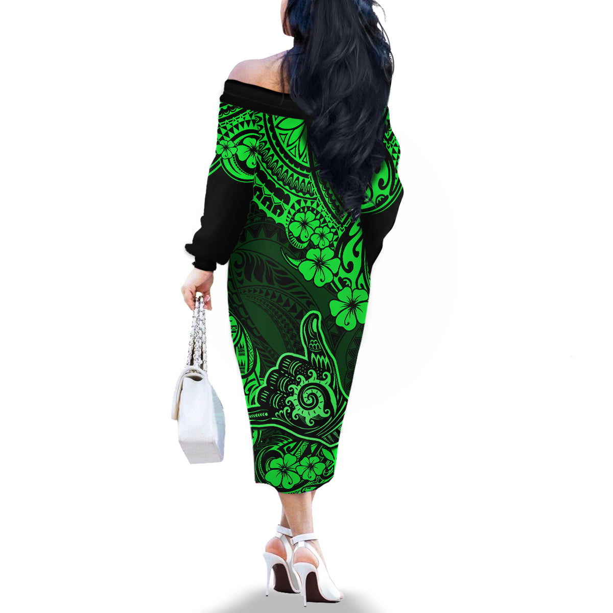 Hawaii Shaka Sign Family Matching Off Shoulder Long Sleeve Dress and Hawaiian Shirt With Polynesian Hibiscus Green Unique - Wonder Print Shop